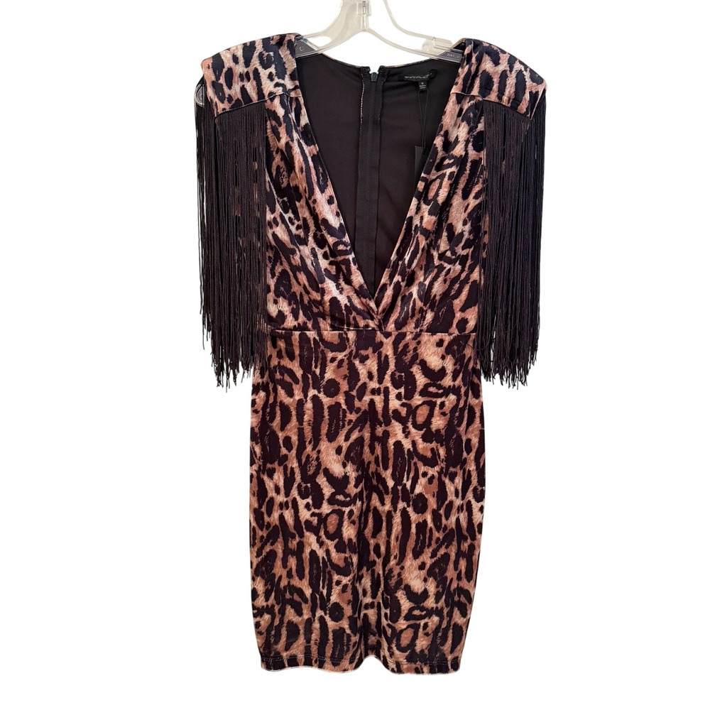 Symphony Animal Print Fringe Bodycon Mini Dress Women's Small Brown‎ Black Retro